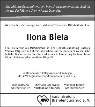 Ilona Biela - Traueranzeige